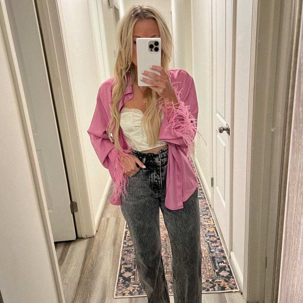 Pink Satin Inspired Overshirt with Feather trim